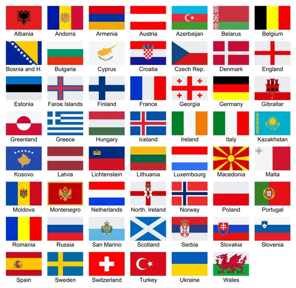 Europeiska Vektorflaggor Alfabetisk Ordning Vit Bakgrund — Stock vektor