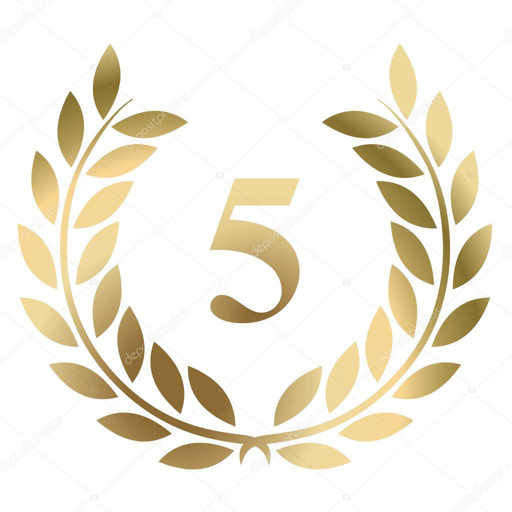 Fifth birthday gold laurel wreath vector isolated on a white background. 