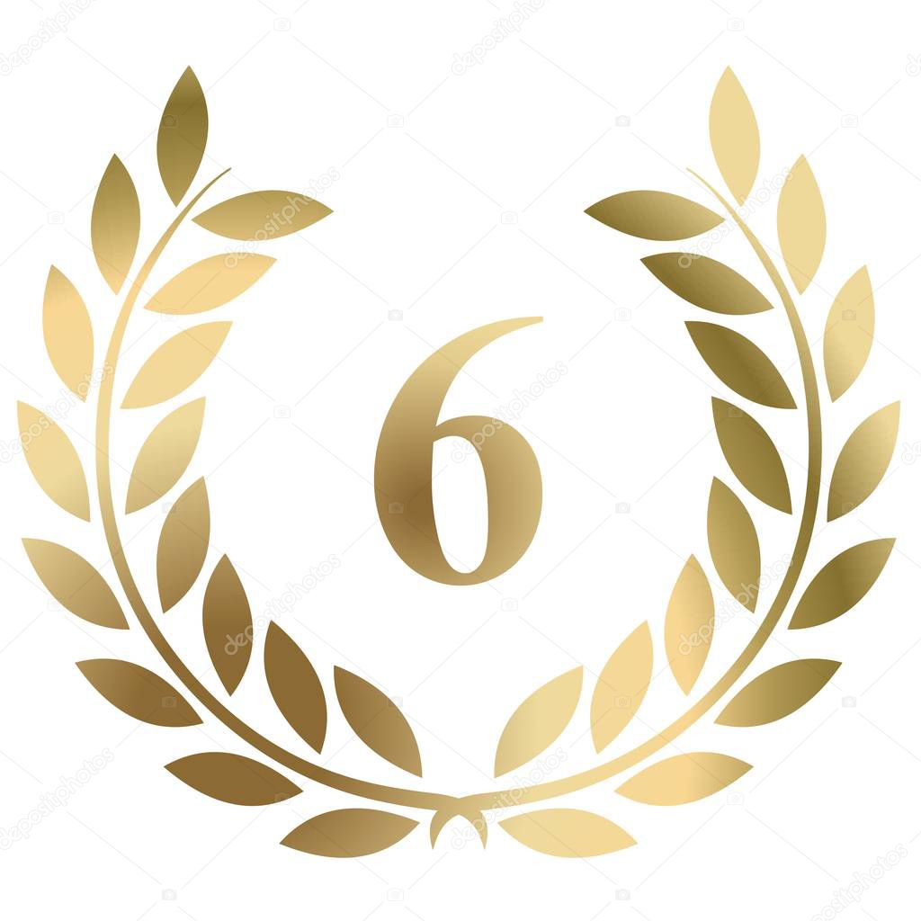 Sixth birthday gold laurel wreath vector isolated on a white background. 