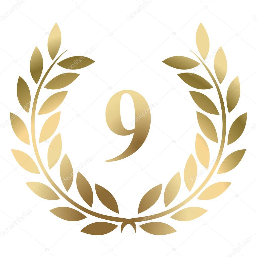 Ninth birthday gold laurel wreath vector isolated on a white background. 