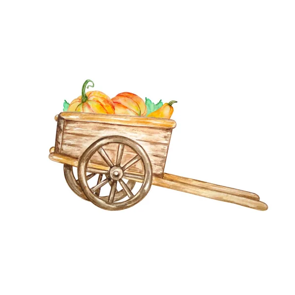 Watercolor Wooden Brown Harvest Wagon Orange Pumpkins — Stock Photo, Image