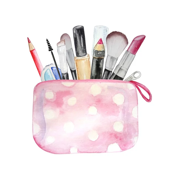 watercolor set of cosmetics in a pink cosmetic bag: lipstick, mascara, brushes, pencils, eyeshadows, foundatio
