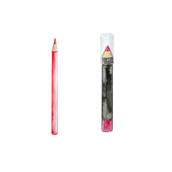 Watercolor Set Red Lip Liner Pink Cosmetic Pencil — Stock Photo, Image