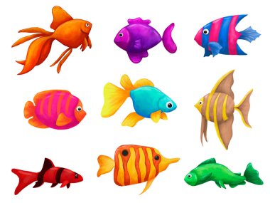 Dokuz parlak renkli deniz balığı, sualtı dünyası.