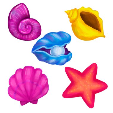 Deniz kabuklarının sarı, pembe, mor ve yıldızların dünyası.