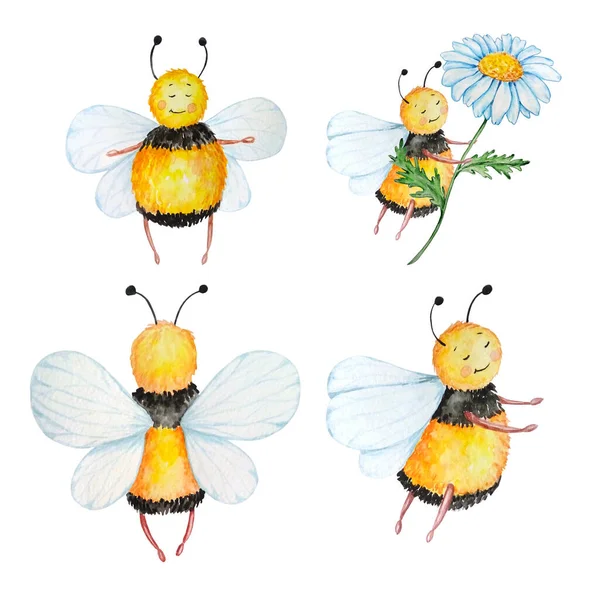 Четыре Акварели Милые Черные Пчелы Желтыми Полосками Ромашкой — стоковое фото