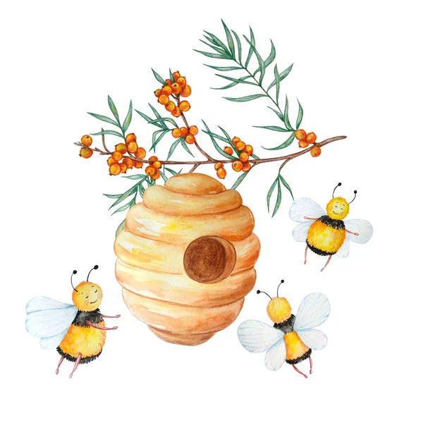 watercolor beehive on a branch of sea buckthorn and three cute bee