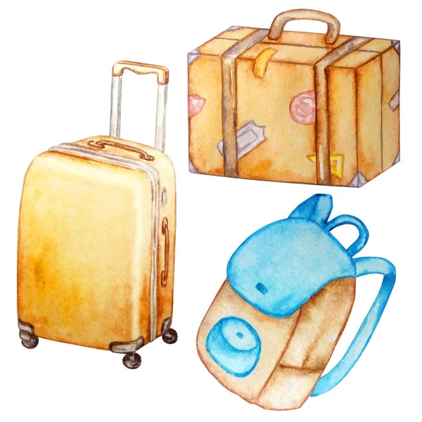 Tre Akvarell Bagage Två Bruna Resväskor Och Blå Ryggsäck — Stockfoto