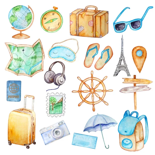 Watercolor Set Travel Suitcases Everything Recreation Touris — Stock Photo, Image