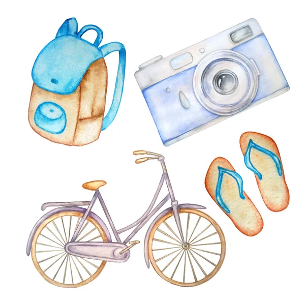 Watercolor Violet Beige Bicycle Camera Blue Backpack Travel Shoe — Stock Photo, Image