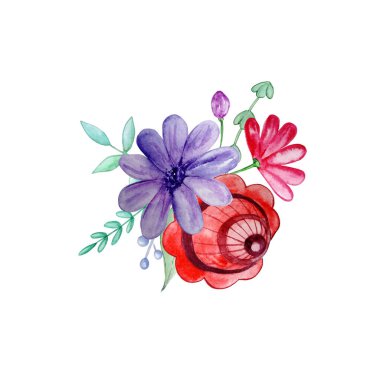 buket suluboya Rus çiçekleri kırmızı, mor, pembe ve yeşil