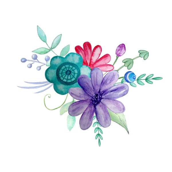 Букет Акварели Русские Цветы Бирюзовый Фиолетовый Розовый Зеленый Оставить — стоковое фото