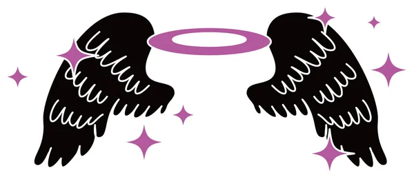 Asas de anjo preto bonito com anel de anjo e brilho — Vetor de Stock
