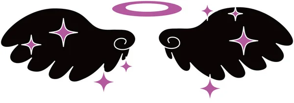 Asas de anjo preto bonito com anel de anjo e brilho — Vetor de Stock