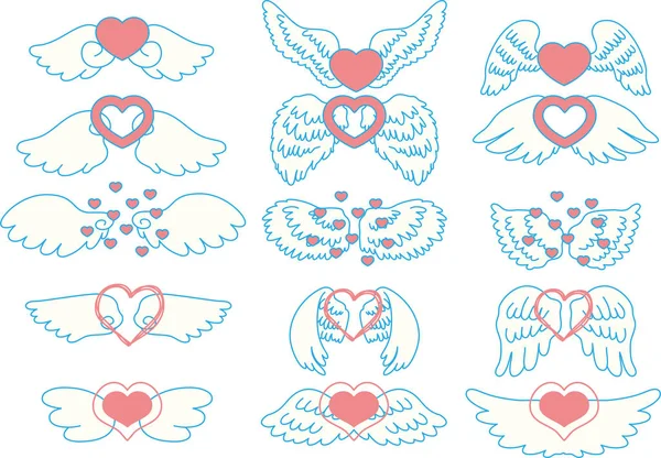 Bonito pop anjo asas com amor coração definido — Vetor de Stock