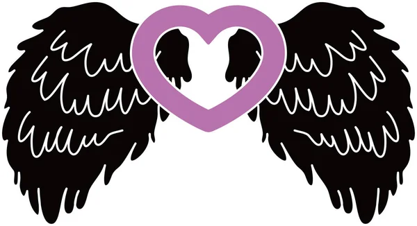 Asas de anjo preto bonito com coração de amor — Vetor de Stock