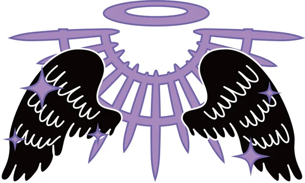 Asas de anjo negro divino com halo — Vetor de Stock