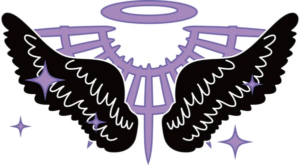 Asas de anjo negro divino com halo — Vetor de Stock