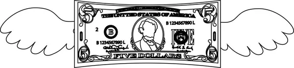 Feathered Deformed 5 dolarů bankovka obrys — Stockový vektor