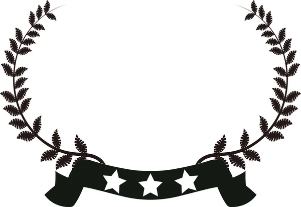Monochrome brede ronde frame van laurier en drie sterren lint — Stockvector