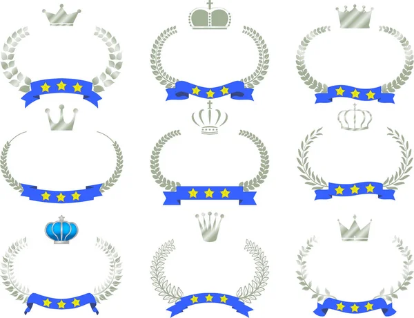 Amplio marco redondo de laurel de plata y corona y conjunto de cinta — Vector de stock