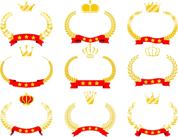 Large cadre rond de laurier d'or et couronne et ruban ensemble — Image vectorielle