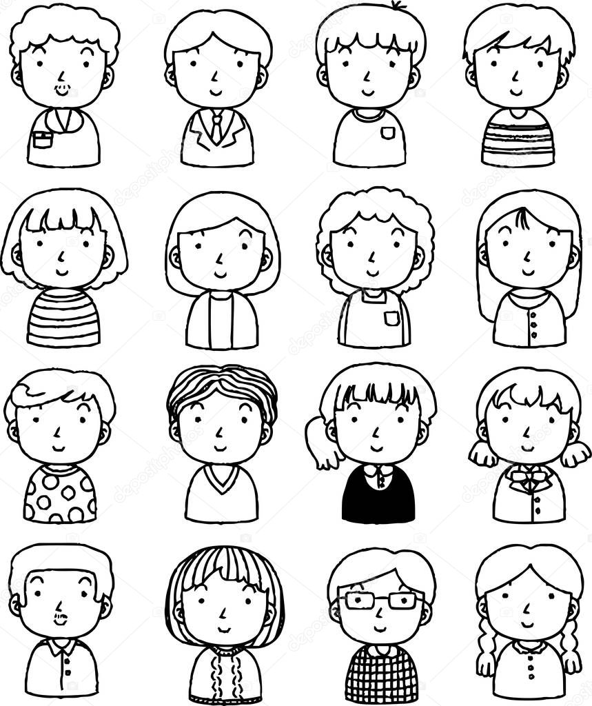 Monochrome Hand painted cute Smiling people icon 