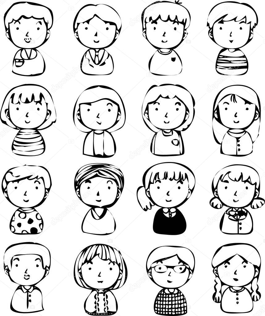 Monochrome Rough doodling Hand painted cute Smiling people icon