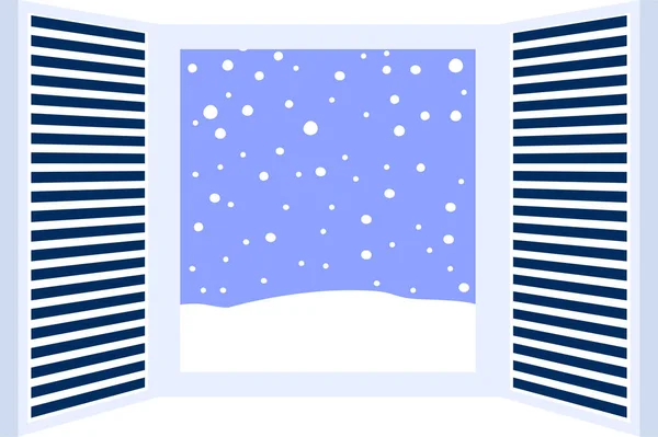 Ilustracja Otwartej Ramy Okiennej Opadającym Śniegiem — Wektor stockowy