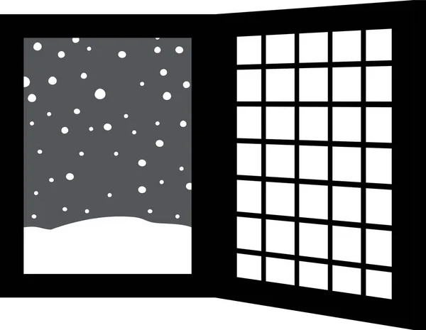 Иллюстрация Открытой Оконной Рамы Падающим Снегом — стоковый вектор