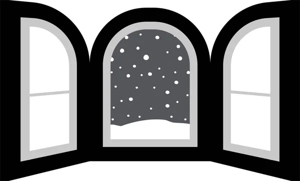 Dies Ist Eine Illustration Des Offenen Fensterrahmens Mit Fallendem Schnee — Stockvektor