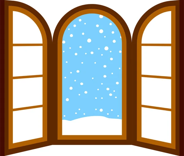 Yağan Karlı Açık Pencere Çerçevesinin Bir Resmidir — Stok Vektör