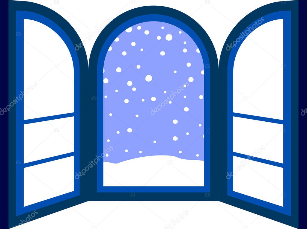 This is a illustration of Open window frame with falling snow 