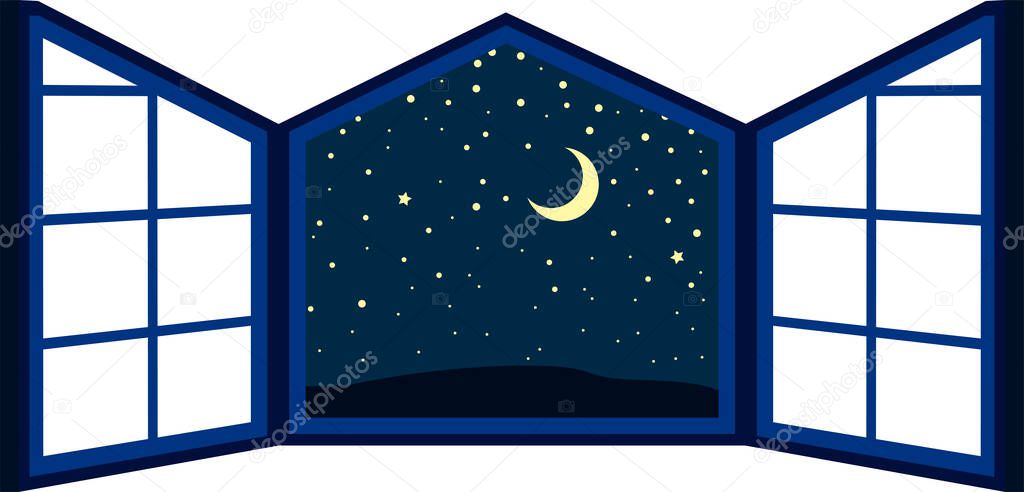 This is a illustration of Open window frame at night 