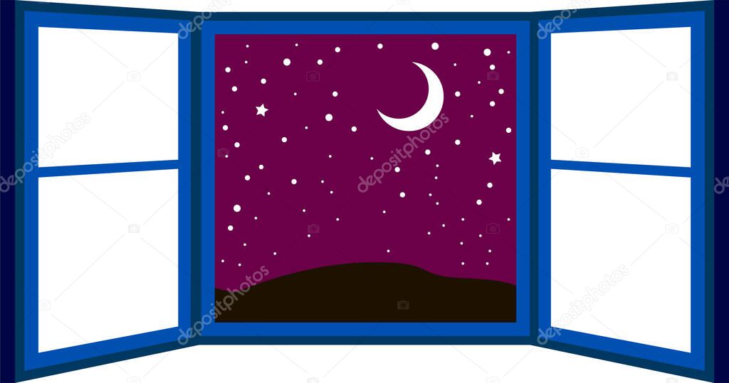 This is a illustration of Open window frame at night 