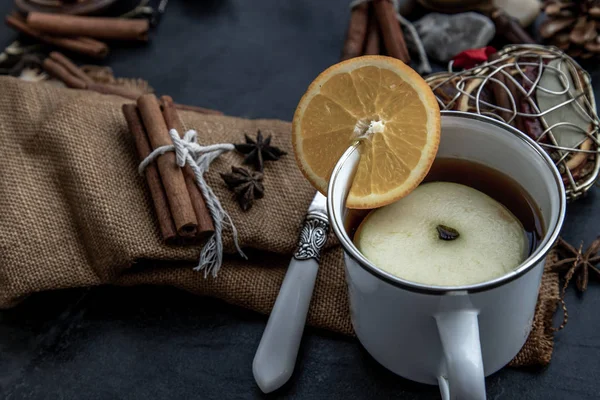 Cup of freshly brewed fruit and herbal tea. — Stock Photo, Image