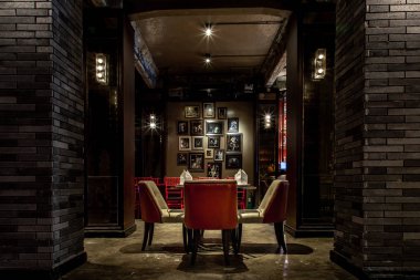 Bangkok, Thailand - Feb 16, 2020 : Interior of retro style restaurant with tables and chairs at shanghai mansion bangkok in yaowarat Rd.