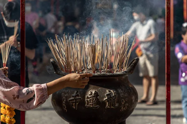 Bangkok Thailand Feb 2020 Incense Burning White Smoke Incense Pot — Stock Photo, Image