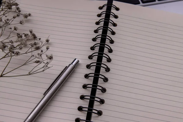 Open Empty Blank Notebook Organizer Pen Planning Work Laptop Concept — ストック写真