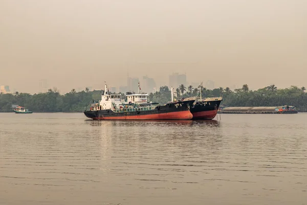 泰国曼谷 2020年2月27日 朝弗拉亚河的景色让货船停泊在河中央 背面是环城地区的绿化带 — 图库照片