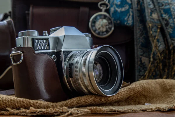 Vintage Photo Camera Brown Leather Bag Scarf Pocket Watch Sack — Stock Photo, Image
