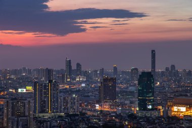 Bangkok, thailand - Mar 06, 2020 : Sky view of Bangkok with skyscrapers in the business district in Bangkok in the evening beautiful twilight give the city a modern style. Selective focus.