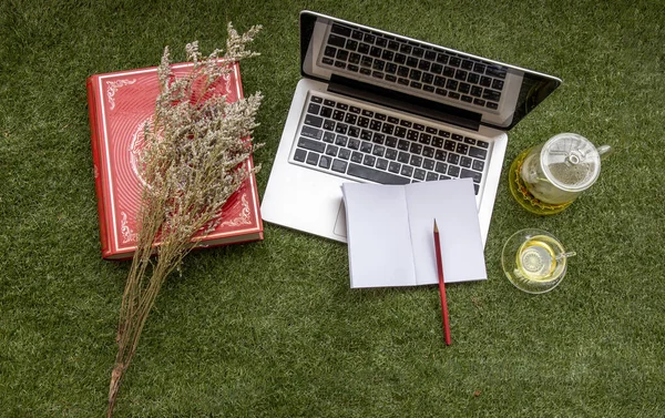 Ein Leeres Notizbuch Mit Strafzettel Für Planungsarbeiten Laptop Park Konzept — Stockfoto