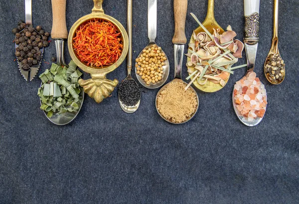 Various Teas Dried Herbs Assortment Spoons Rustic Style Balck Background — Stock Photo, Image