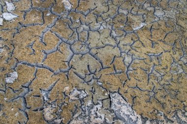 Arka plan için parçalanmış ve desenli çorak bir arazi. Küresel ısınmadan kaynaklanan kuraklık. Ekoloji kavramı.