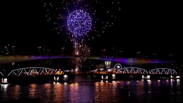 Celebración Los Fuegos Artificiales Ondulantes Iluminan Cielo Miran Través Los — Vídeos de Stock