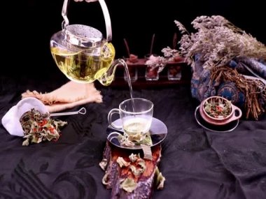Hint bataklık bitkisi yapraklı sıcak pandan yaprağı çayı ve kurutulmuş Safran çiçeği (Saffron yerine) çaydanlıktan çay ve çay iznine ayrılmış bir bardağa dökülür. Seçici odak.