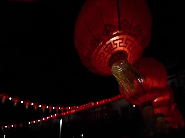 Chinese Lantern Light Bulb Dark Background Interior Asian Decorations Selective — Stock Video