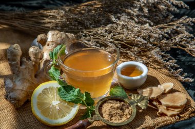 Limon ve nane aromalı sıcak zencefil suyu, kahverengi şeker ve balla servis edilmiş kök ve zencefil dilimleri. Sıcak zencefil suyu vücut ısıtmaya yardımcı olur, sağlıklı içecek..