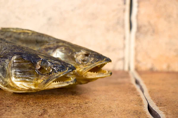 燻製の捕食魚。ザンダー冷たい燻製。自然の素朴な背景. — ストック写真